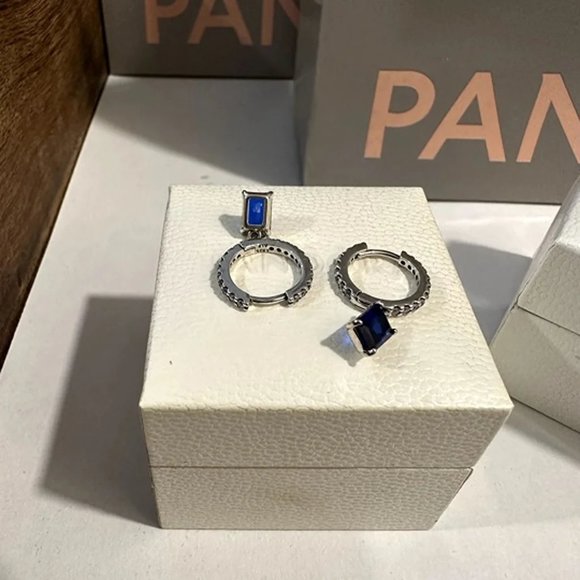 Pandora Blue Rectangular Sparkling Hoop Earrings NEW & AUTHENTIC - Picture 5 of 6